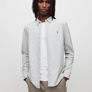 All Saints Men's Black and White Striped Button-Down Shirt
